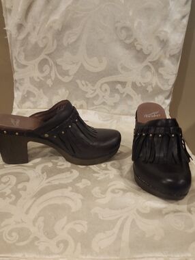 Fringe Slip-On Clog Heels in Black - Women
